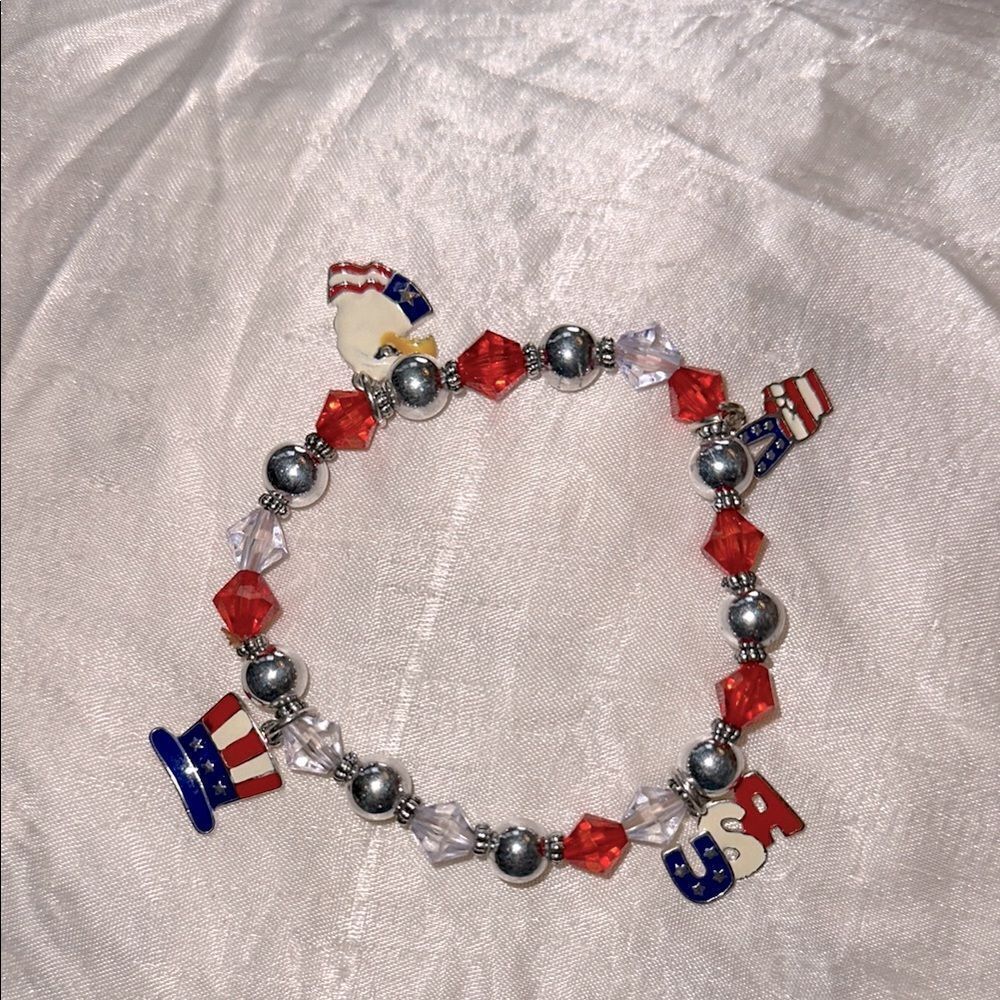 Red, White, Blue & Silver Patriotic Charm Stretch Beaded Bracelet